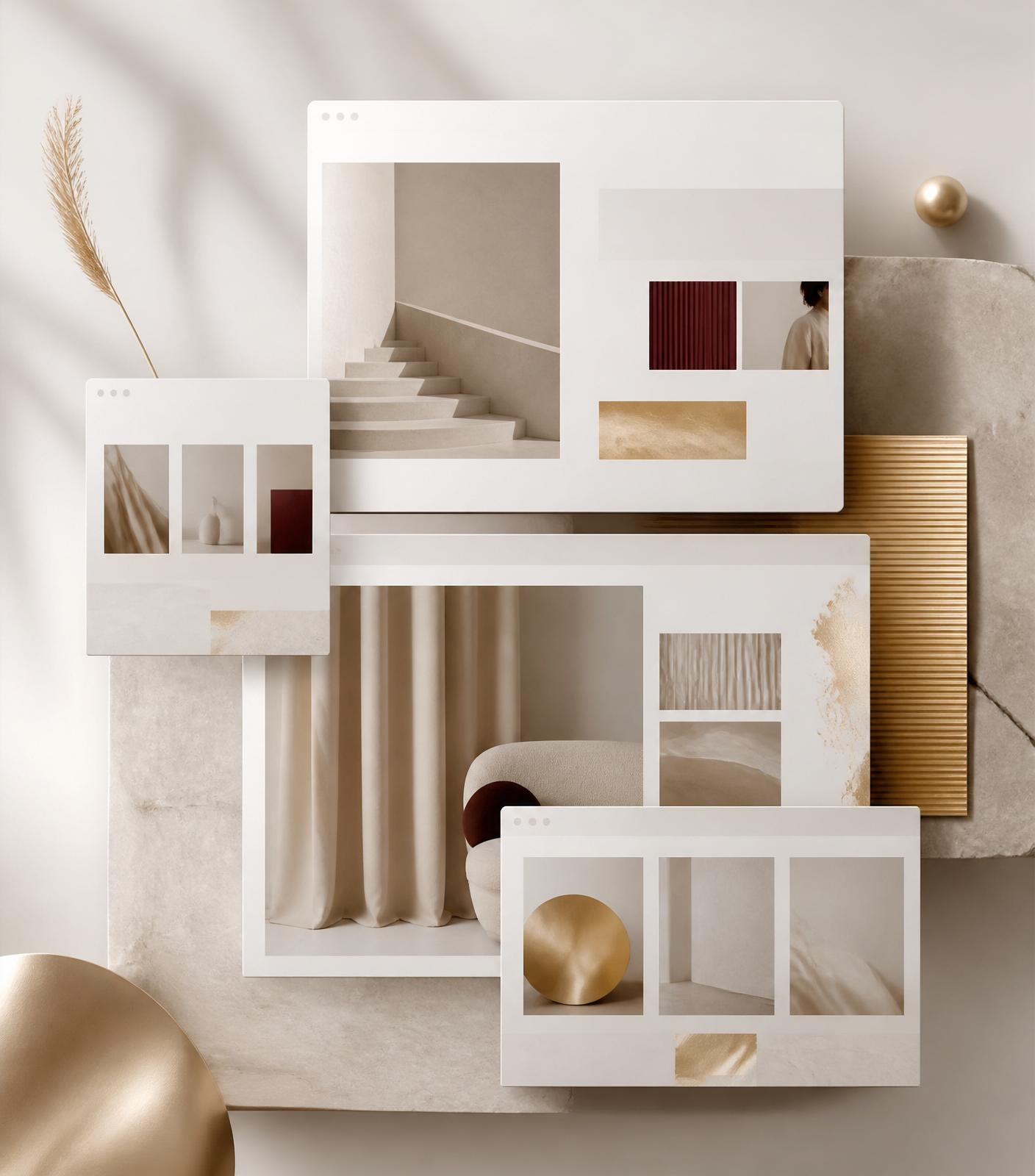 Editorial composition of website interface mockups on soft ivory